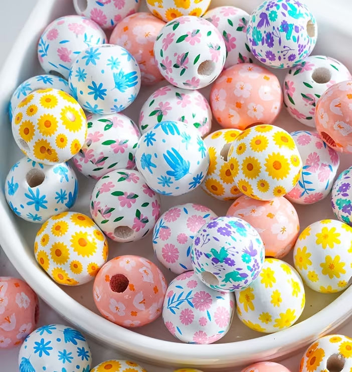 Spring Floral Wooden Beads - Set of 49