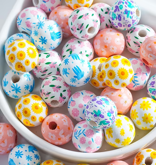 Spring Floral Wooden Beads - Set of 49