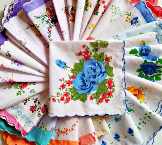 Set of 12 - Assortment of Floral Vintage Style Scalloped Edge Cotton Handkerchiefs