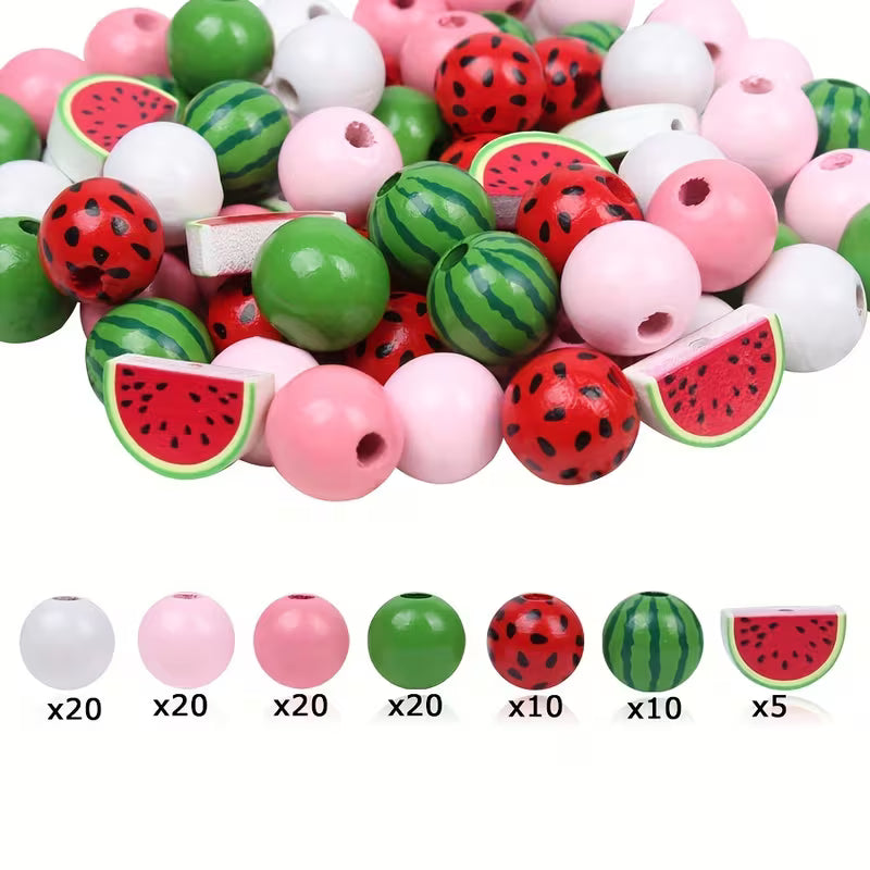 Watermelon Themed Summer Wooden Beads - Set of 105