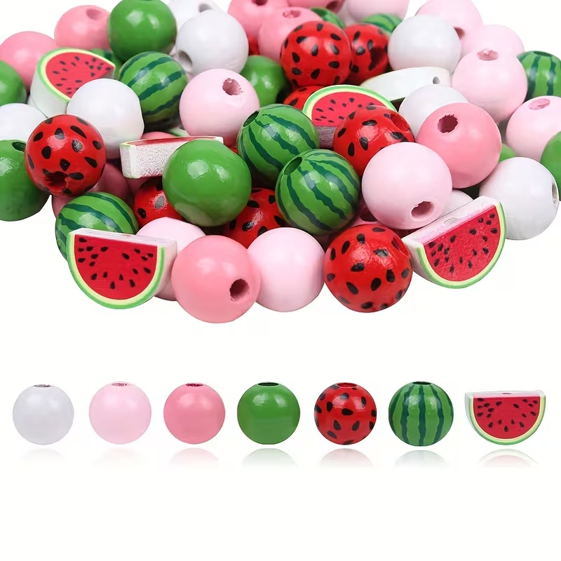 Watermelon Themed Summer Wooden Beads - Set of 105
