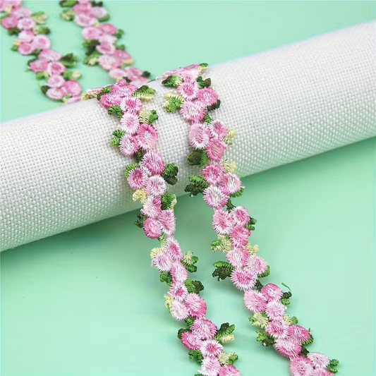Light Pink and Green Floral Embroidered Lace Trim - .79 inch - 1 Yard