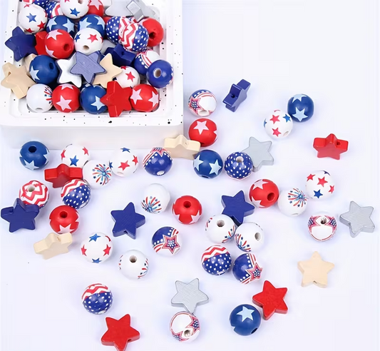 Patriotic Wooden Beads - Set of 50