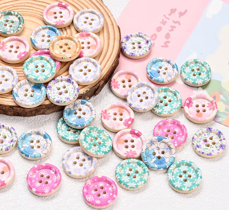 Spring Floral Wooden Painted Buttons - Set of 30