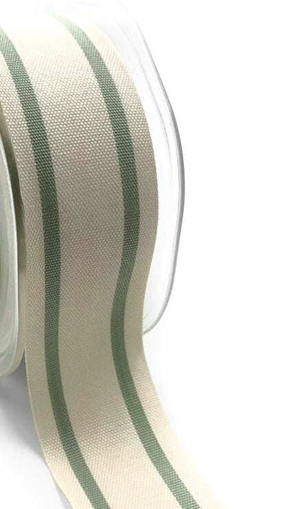 Cotton Blend Woven Double Jadeite Green and Stripe Ribbon with Woven Edge - 1 1/2" - 1 Yard