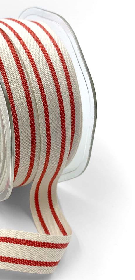 Cotton Blend Double Red Stripe Ribbon with Woven Edge - 5/8" - 1 Yard