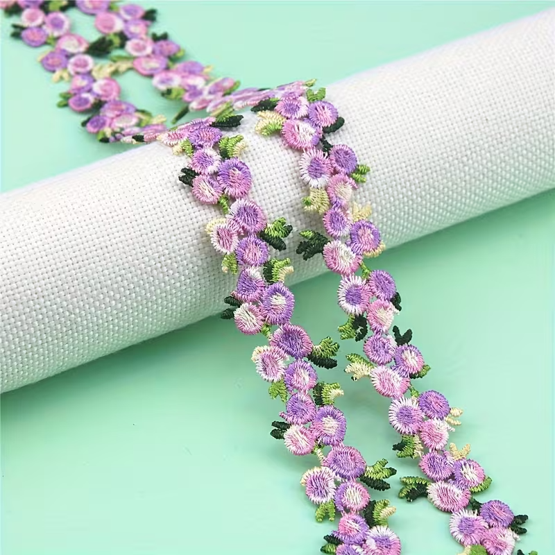 Lavender and Green Floral Embroidered Lace Trim - .79 inch - 1 Yard