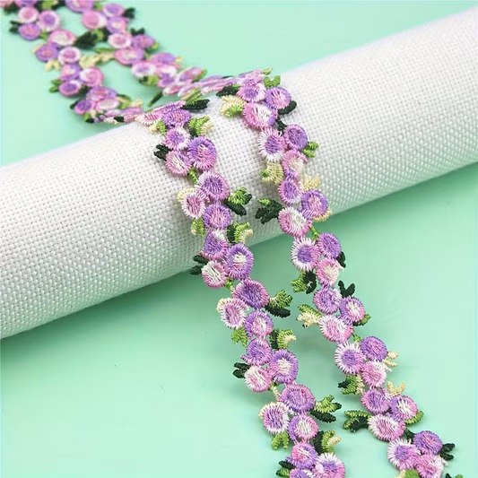 Lavender and Green Floral Embroidered Lace Trim - .79 inch - 1 Yard
