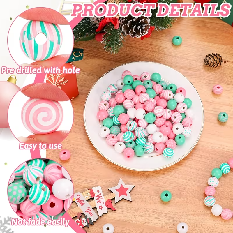 Pastel Peppermint Candy Swirl Wooden Beads - Set of 75