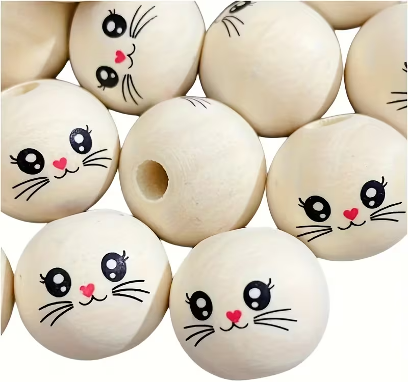 Bunny Face Wooden Beads - Set of 10