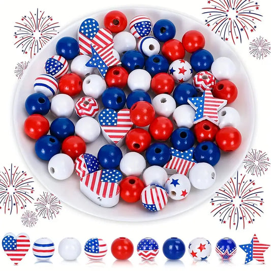 Patriotic Wooden Beads - Set of 65 - Sugar Pink Boutique