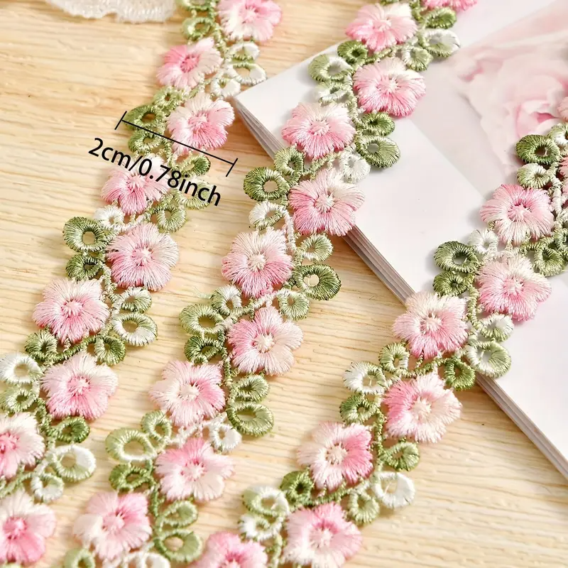 Pale Pink and Green Floral Embroidered Lace Trim - .78 inch - 1 Yard