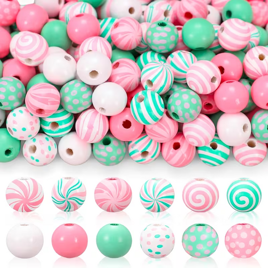 Pastel Peppermint Candy Swirl Wooden Beads - Set of 75