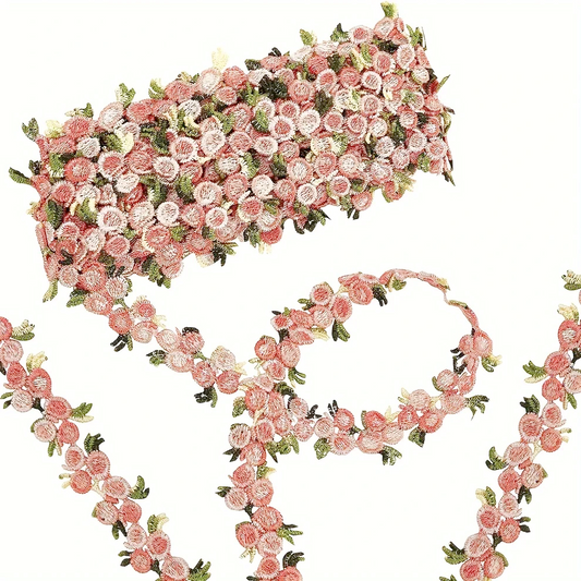 Blush Pink and Moss Green Floral Embroidered Lace Trim - .79 inch - 1 Yard