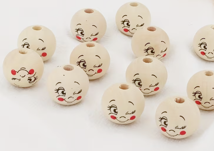 Happy Face Wooden Beads - Set of 10