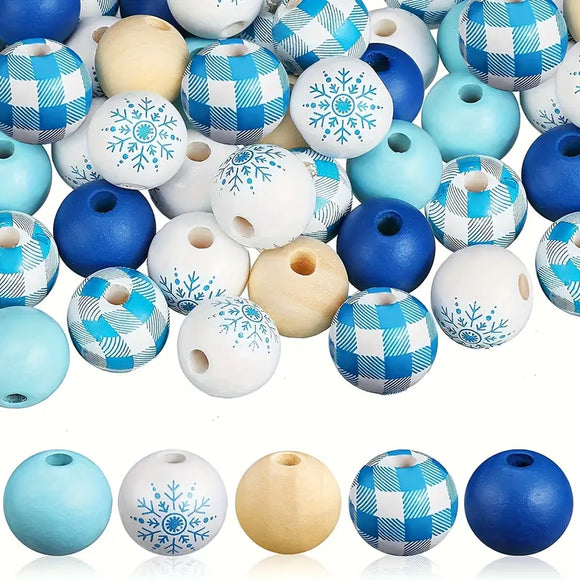 Blue and White Christmas Snowflake Wooden Beads - Set of 50
