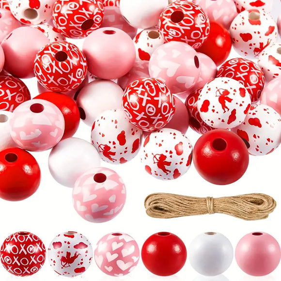 Valentine's Day Wooden Beads - Set of 60
