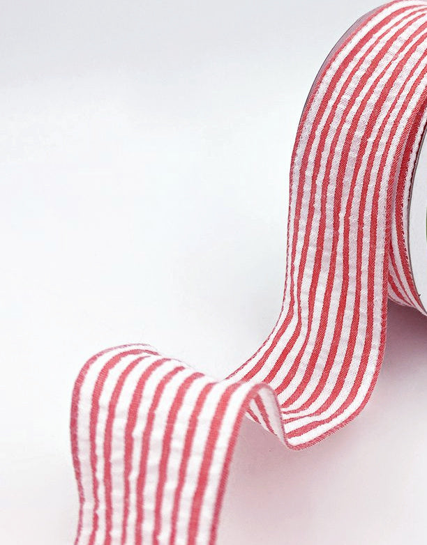 Traditional Seersucker Lightly Wired Ribbon - Coral Red and Ivory - 1 1/2 inch - 1 Yard