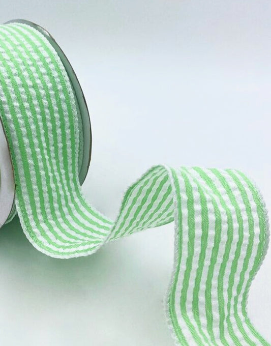 Traditional Seersucker Lightly Wired Ribbon - Green and White - 1 1/2 inch - 1 Yard
