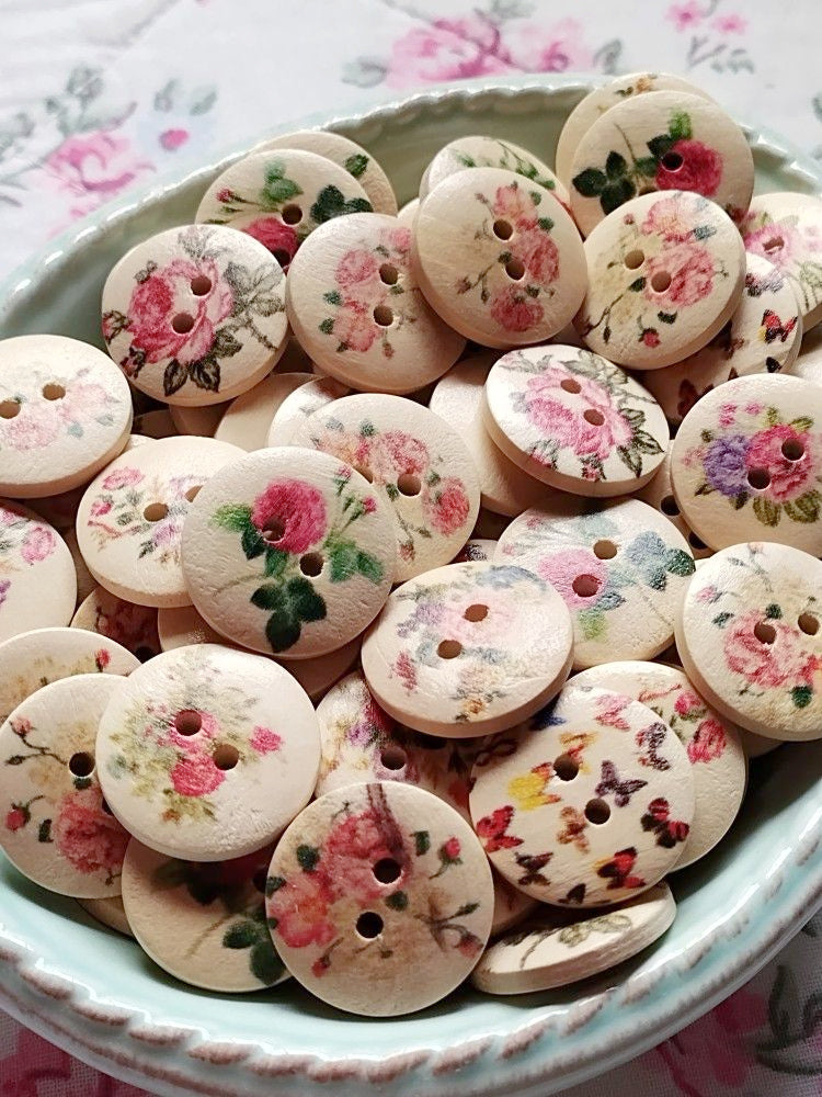 Spring Floral Wooden Painted Buttons - Set of 25 - Sugar Pink Boutique