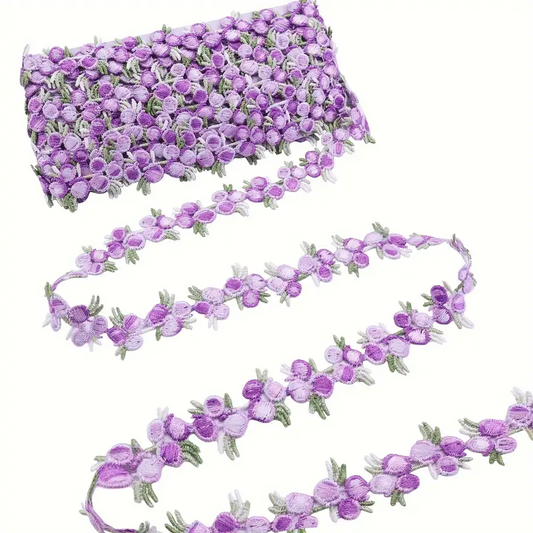 Lavender and Green Floral Embroidered Lace Trim - .70 inch - 1 Yard