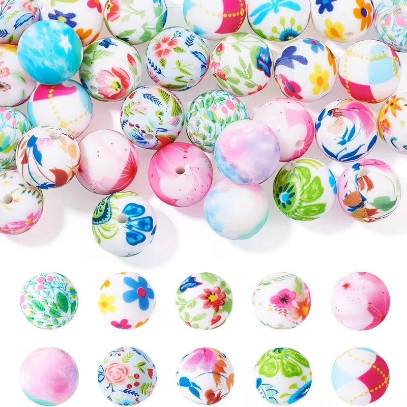 Floral Silicone Round Beads - Set of 30