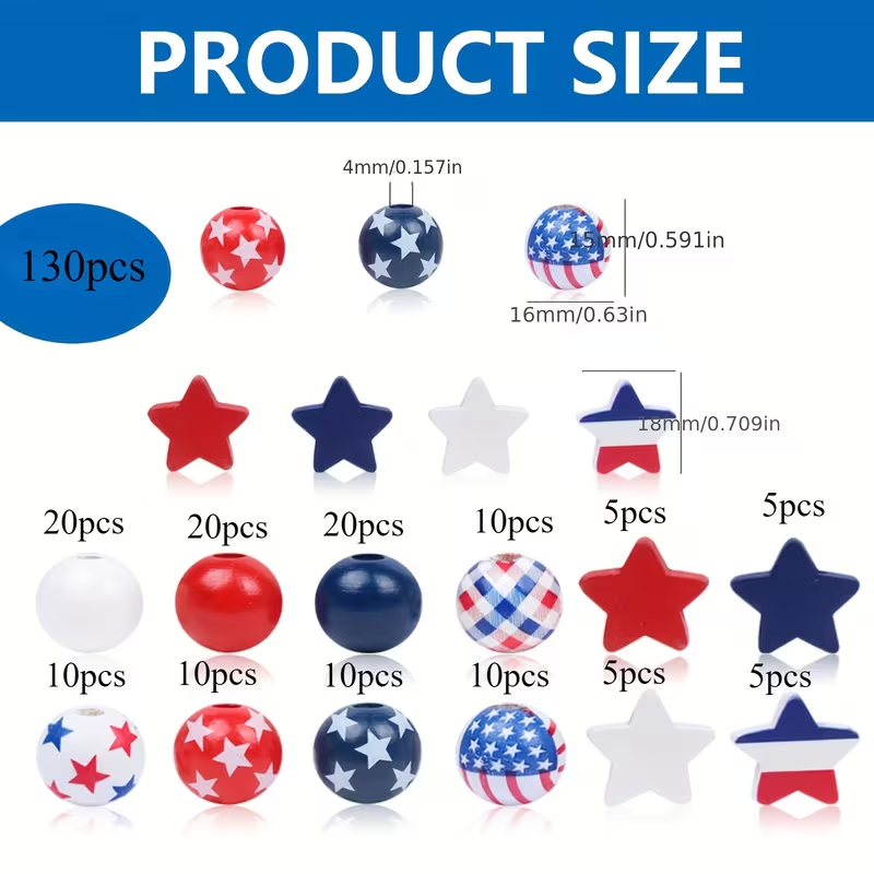 Patriotic Wooden Beads - Set of 130