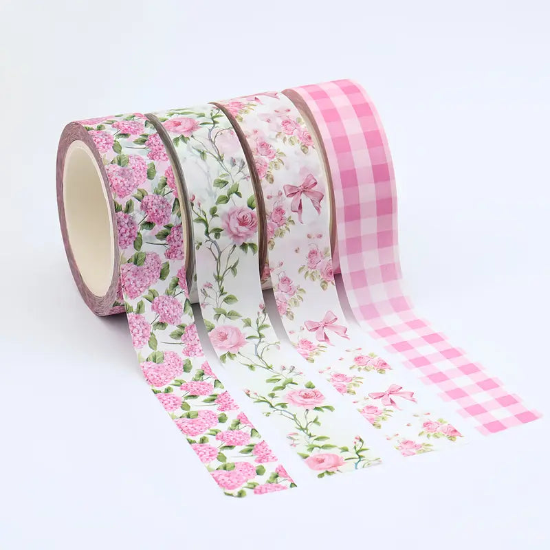 Shabby Chic Pink and White Floral Washi Tape - Set of 4