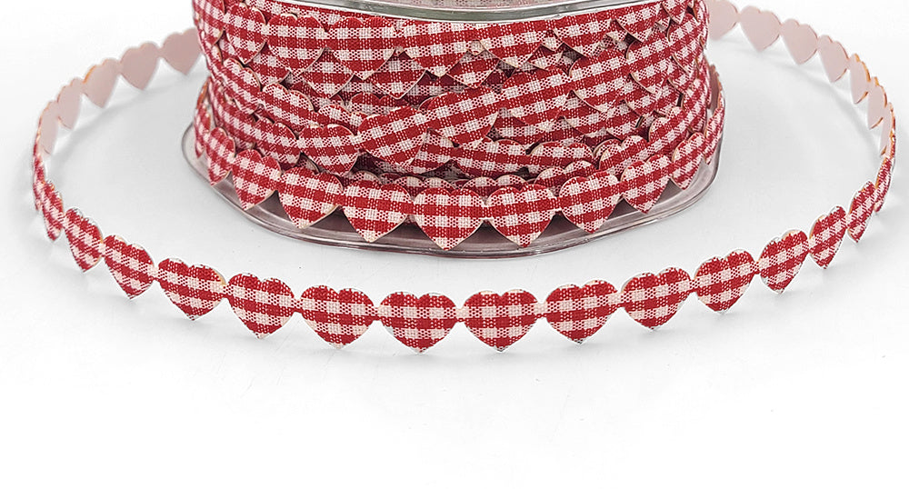 Adhesive Puffy Mini Gingham Heart Ribbon with Cut Sealed Edge: Red - 3/8" - 1 Yard