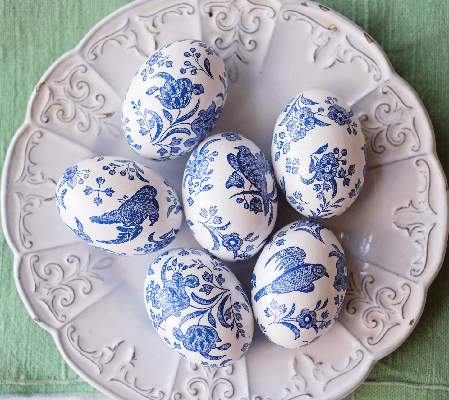 Decoupaged Wooden Easter Egg - Blue and White Floral Bird - 1 Egg