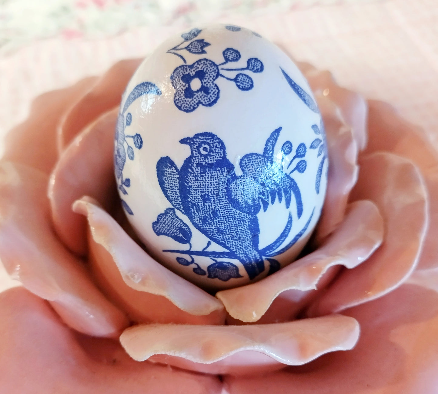 Decoupaged Wooden Easter Egg - Blue and White Floral Bird - 1 Egg