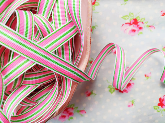 Grosgrain Multi-Color Pink, Green White, Striped Ribbon with Woven Edge - 1/2" - 1 Yard