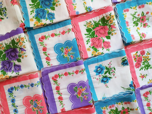 Set of 6 - Assortment of Floral Vintage Style Scalloped Edge Cotton Handkerchiefs