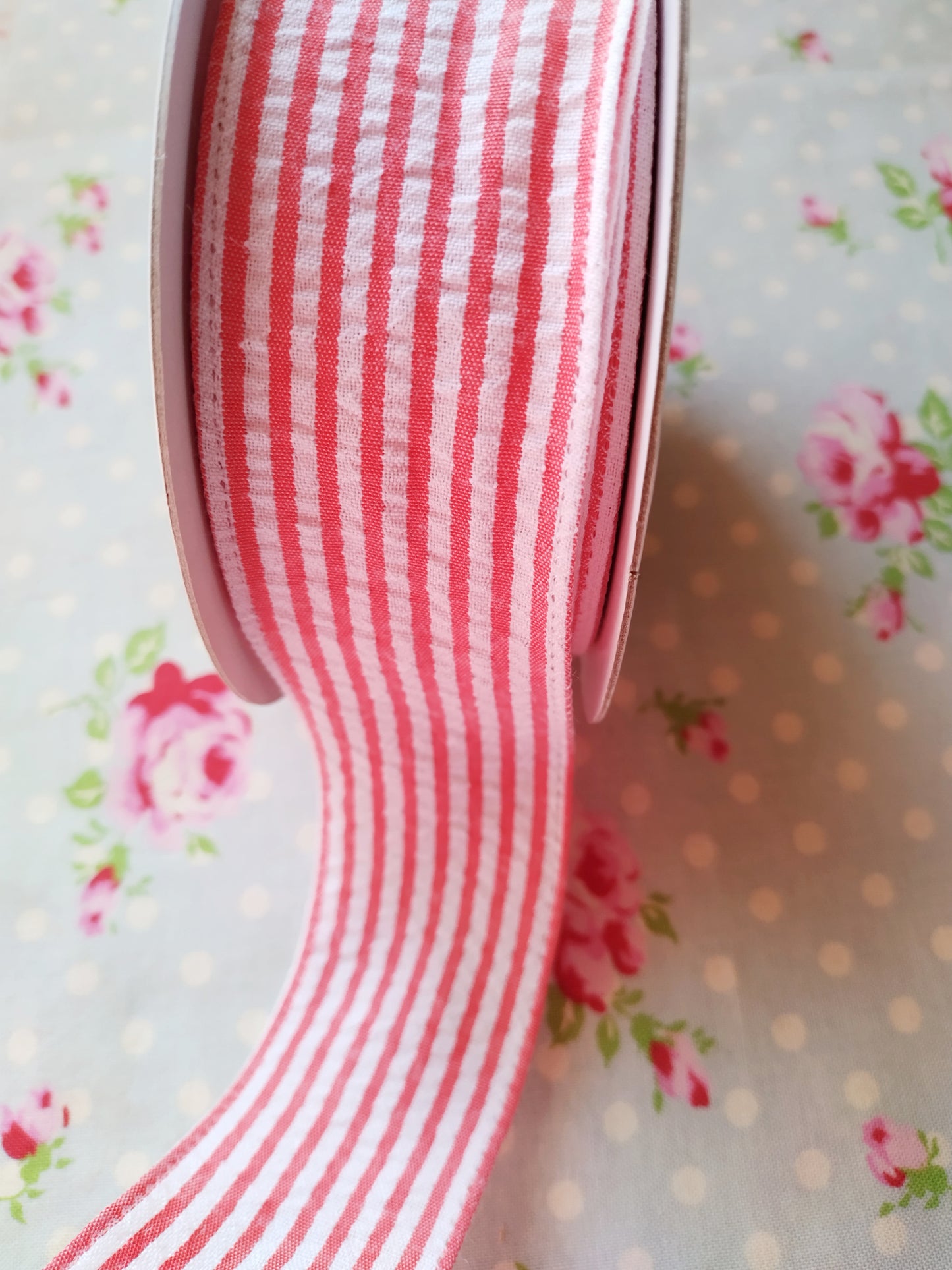 Traditional Seersucker Lightly Wired Ribbon - Coral Red and White - 1 1/2 inch - 1 Yard