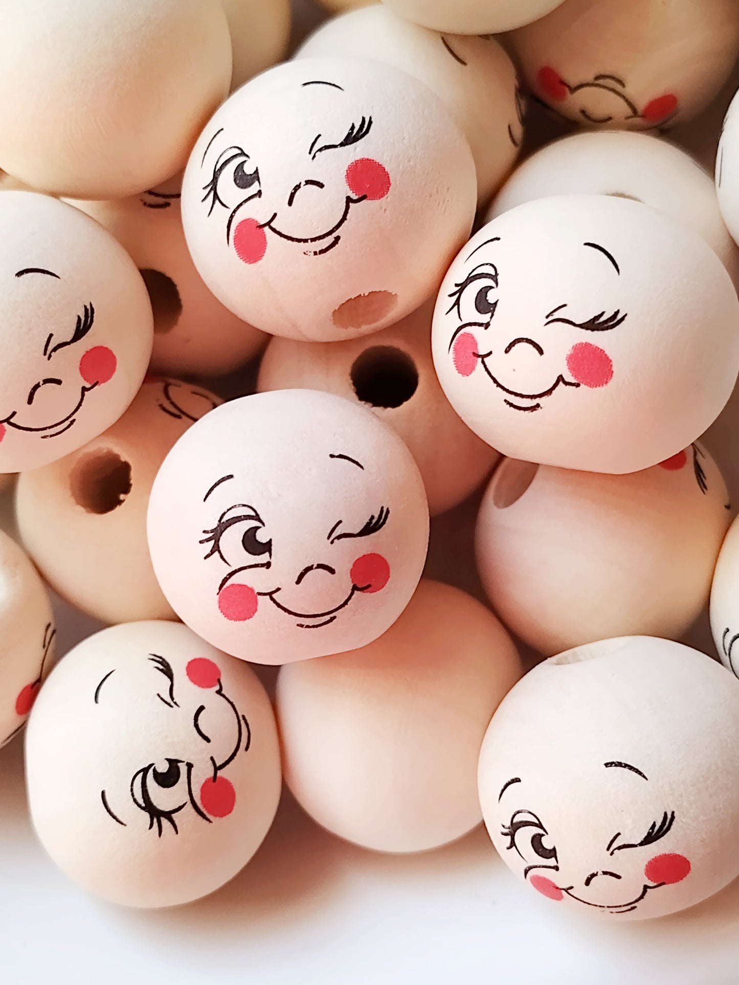 Happy Face Wooden Beads - Set of 10