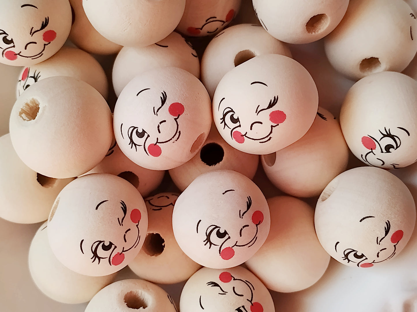 Happy Face Wooden Beads - Set of 10