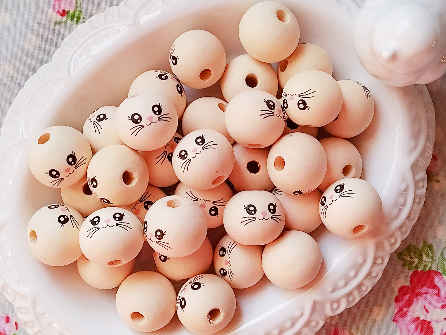 Bunny Face Wooden Beads - Set of 10