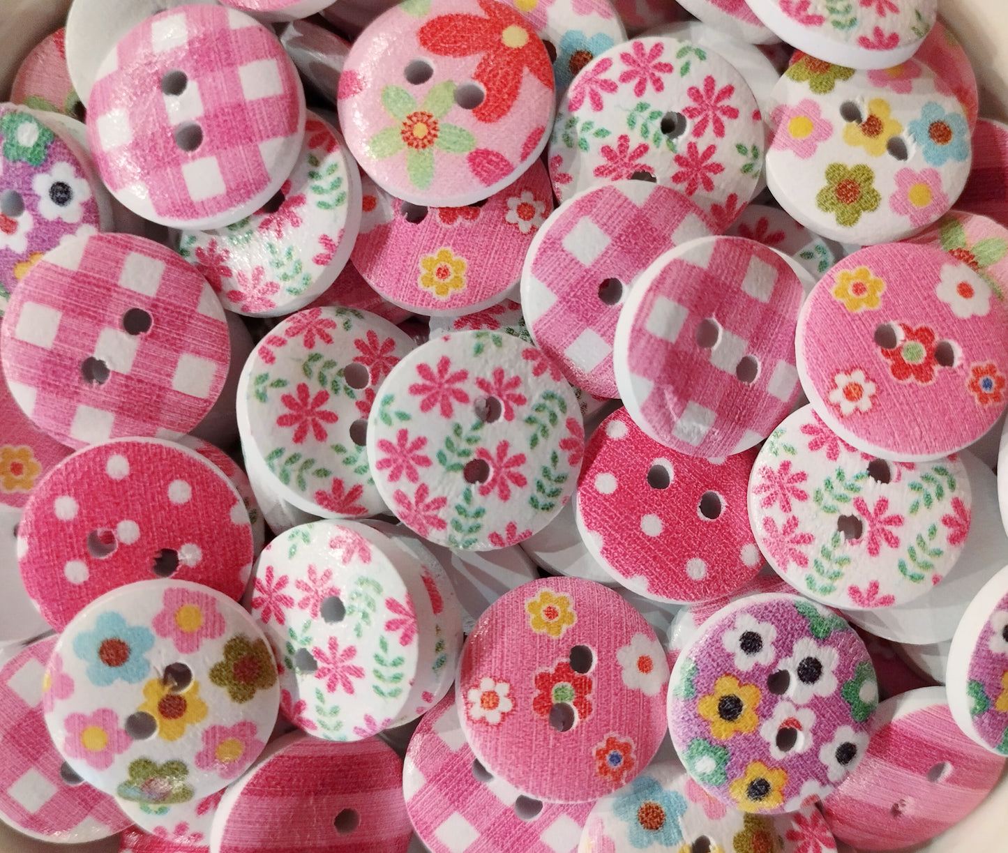 Pink and White Spring Mix Wooden Painted Buttons - Set of 50