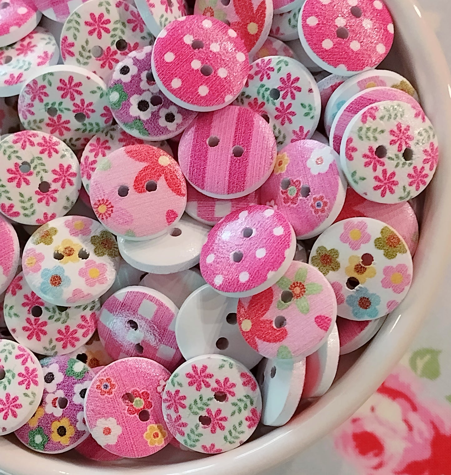 Pink and White Spring Mix Wooden Painted Buttons - Set of 50
