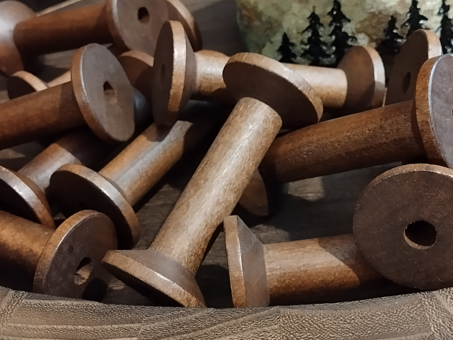 Set of 2 - Large Walnut Brown Wooden Spools - 2.95"