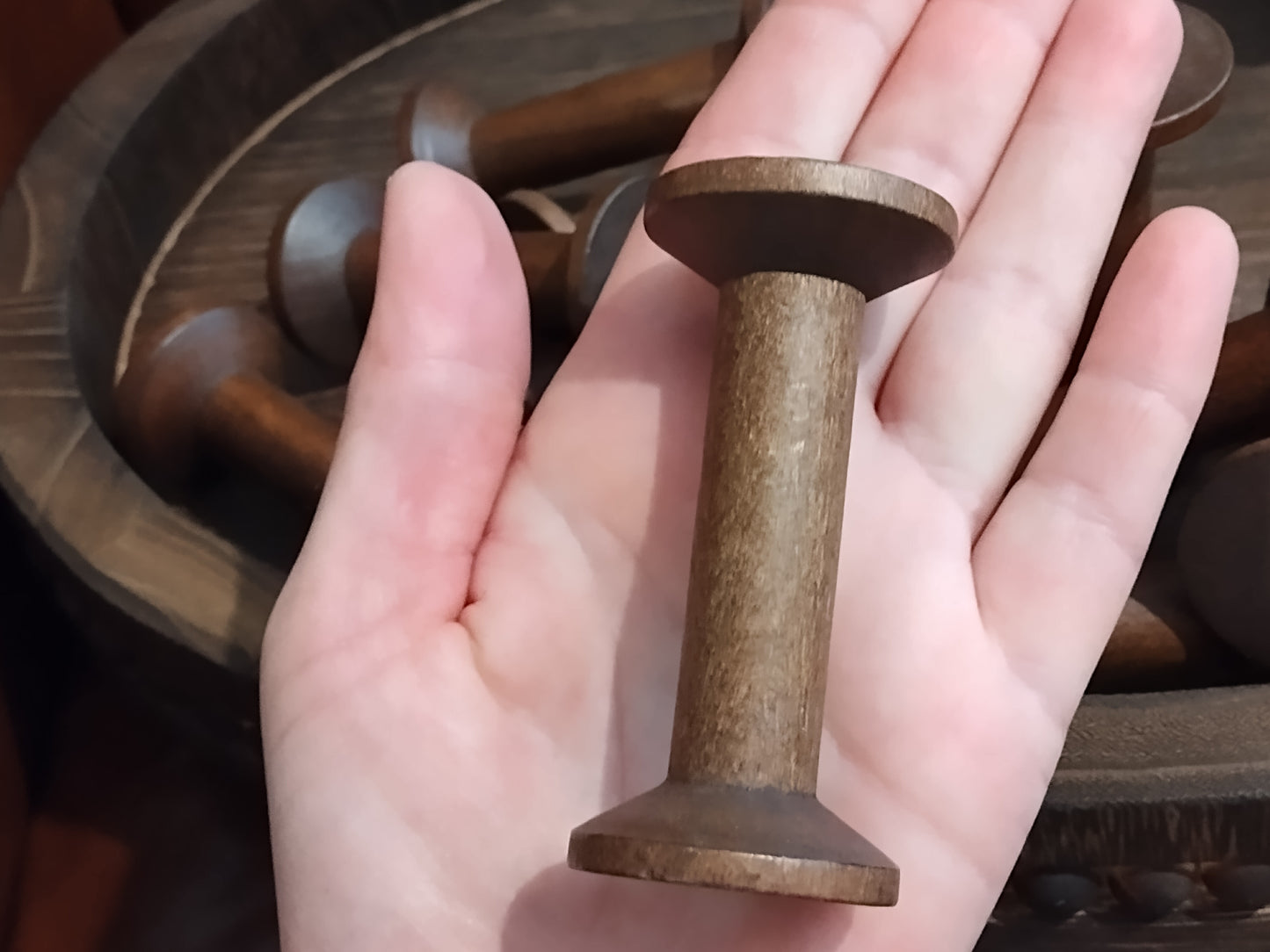 Set of 2 - Large Walnut Brown Wooden Spools - 2.95"