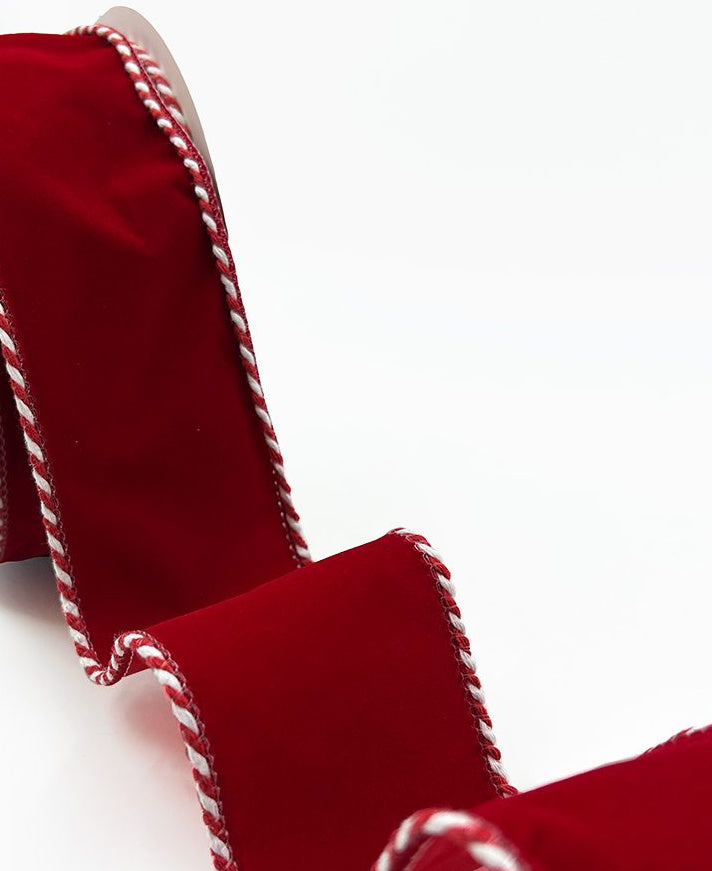 Red Velvet Ribbon with Red and White Ticking Wired Edge - 2 1/2" - 1 Yard
