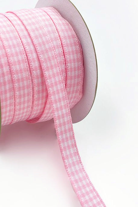 Checkered Gingham Ribbon with Woven Edge - 3/8" - Pink and White - 1 Yard