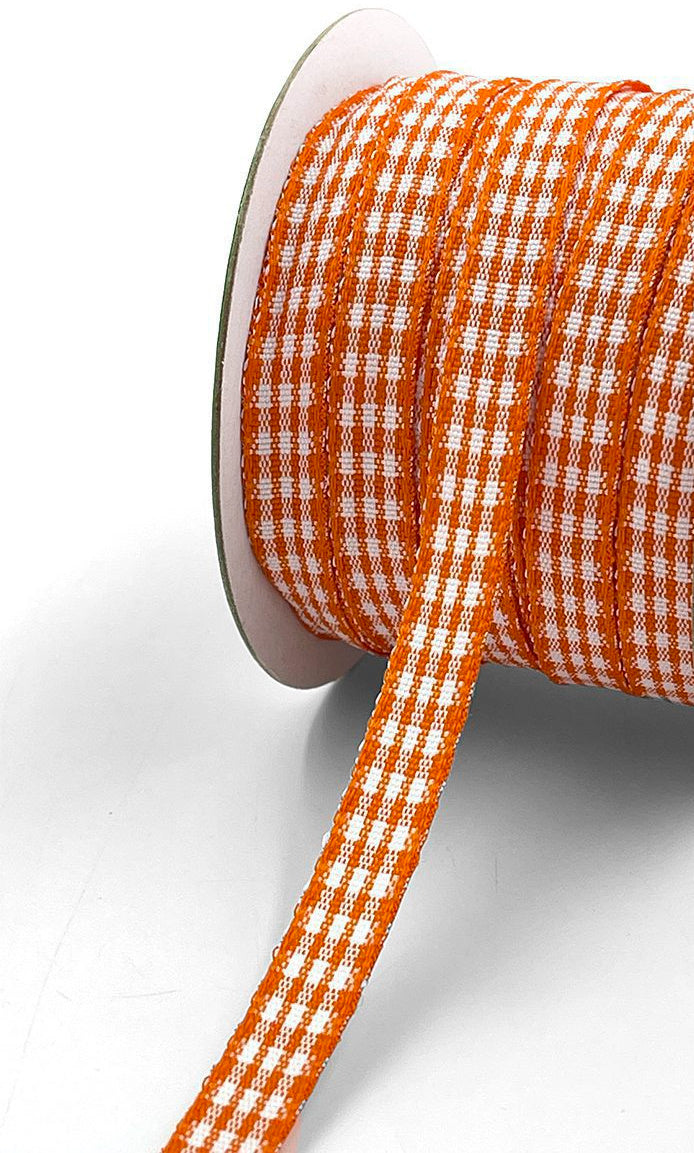 Checkered Gingham Ribbon with Woven Edge - 3/8" - Orange and White - 1 Yard