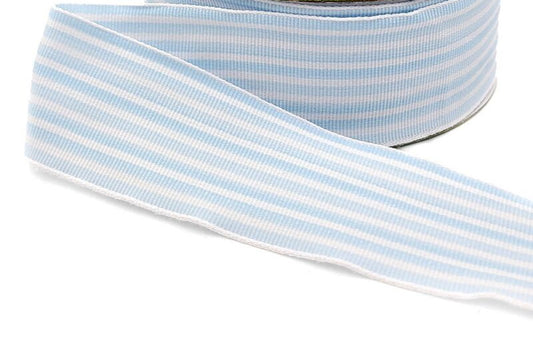1 1/2" Striped Grosgrain Ribbon - Light Blue and White - 1 Yard
