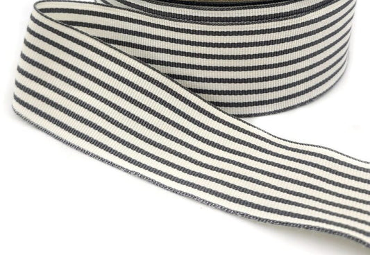 1 1/2" Striped Grosgrain Ribbon - Charcoal and Ivory - 1 Yard