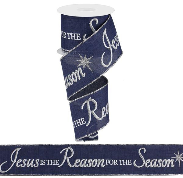 2 1/2" Jesus Is The Reason For The Season Navy and Silver Wired Ribbon - 1 Yard