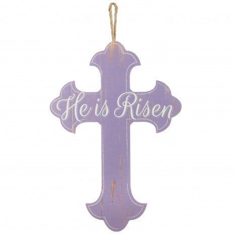 16" Wooden Sign: Lavender He is Risen Cross