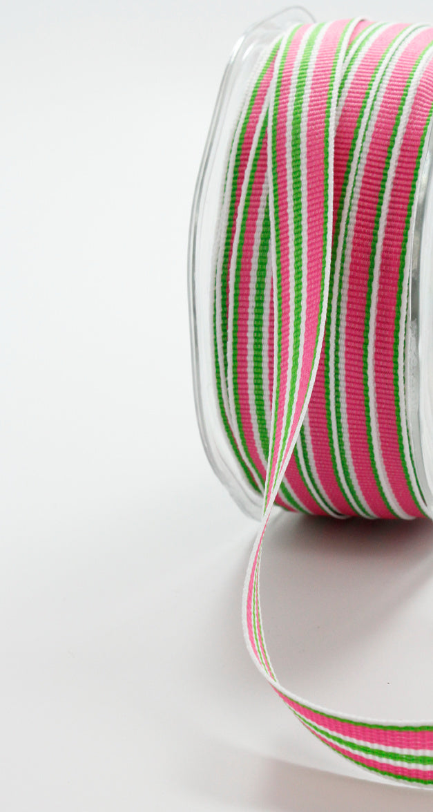 Grosgrain Multi-Color Pink, Green White, Striped Ribbon with Woven Edge - 1/2" - 1 Yard