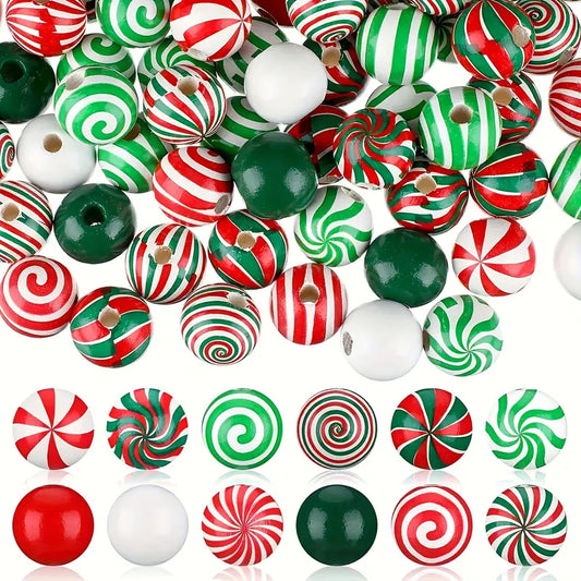 Green and Red Peppermint Swirl Wooden Beads - Set of 50